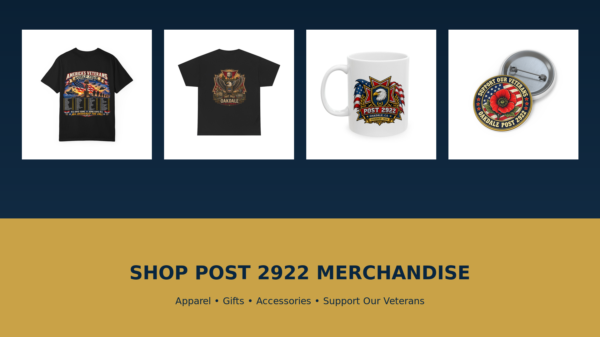 A collection of Oakdale Post 2922 shirts, heritage mug and support pin